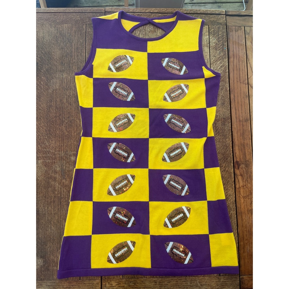 Queen of Sparkles football knit mini dress S 60s Go-Go Vikings LSU purple gold